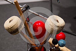 Setup with different rhythm percussion instruments on a stage