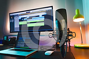 Setup podcast sound waves with microphone home office
