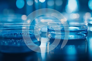 The setup of a research laboratory for advanced microscopy includes a petri dish and laser technology