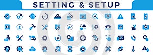 Setup and setting icon set. Outline icon collection.Operation, gear, processing, tools icons. Solid vector icons collection