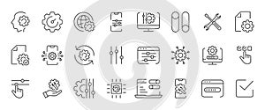 Setup and setting icons. Collection of option, installation, tools, control, gear, operation, processing, tools icons. Vector