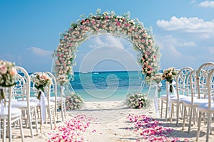 A setup for a wedding ceremony takes place on a beautiful beach, with chairs, an altar, and decorations, Beach wedding set up with