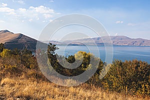 Sevan Lake, Armenia, beautiful aerial panoramic view of Sevan Lake, Gegharkunik Province, with Sevanavank monastery chapel in a