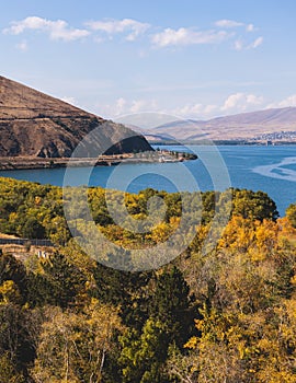 Sevan Lake, Armenia, beautiful aerial panoramic view of Sevan Lake, Gegharkunik Province, with Sevanavank monastery chapel in a