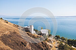 Sevan Lake, Armenia, beautiful aerial panoramic view of Sevan Lake, Gegharkunik Province, with Sevanavank monastery chapel in a