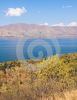 Sevan Lake, Armenia, beautiful aerial panoramic view of Sevan Lake, Gegharkunik Province, with Sevanavank monastery chapel in a