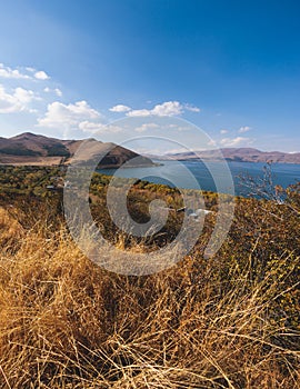 Sevan Lake, Armenia, beautiful aerial panoramic view of Sevan Lake, Gegharkunik Province, with Sevanavank monastery chapel in a