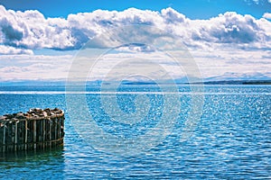 Sevan lake and white clouds blue sky on a sunny day, Armenia