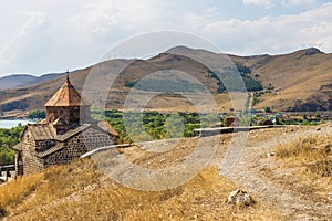 View of the Sevanavank, monastic complex located on the shore Lake Sevan. Armenia