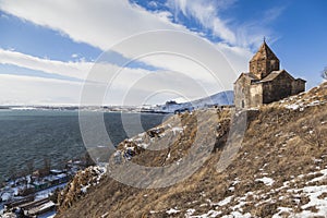 Sevanavank and lake Sevan. Winter