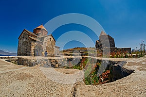 SEVANAVANK MONASTERY, ARMENIA - 02 AUGUST 2017: Famous Sevanavank Monastery Landmark on Lake Sevan in Armenia