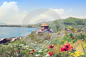 Sevanavank is sightseeing in Armenia. View of Lake Sevan, green mountains and sky. Blooming field with yellow and white flowers. photo