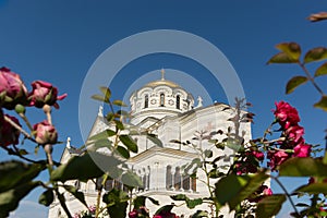 Sevastopol Crimea Chersonesos 09 June 2019. Vladimir Cathedral surrounded by roses view from below