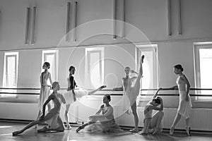 The seven ballerinas at ballet bar