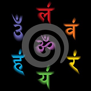 The seven bija mantras with 3D chakras set Sanskrit colorful letterig isolated on black background. Linear character illustration