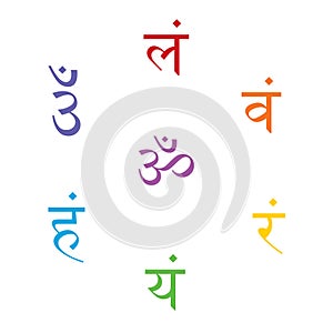 The seven bija mantras with chakras set Sanskrit colorful letterig isolated on white background. Linear character illustration photo