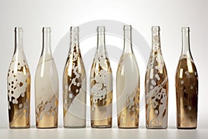 Seven bottles with varying amounts of a golden liquid, creating beautiful, abstract patterns against a light background