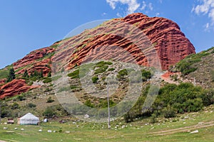 Seven Bulls or Broker Heart rock formation in Jeti Oguz valley, Kyrgyzst