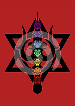Seven cakra hexagram trisula symbol in red background