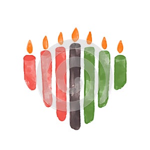 Seven candles for Kwanzaa festival celebration - Mishumaa. Artistic watercolor textured vector green, red, black burning