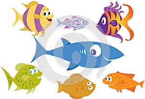 Seven cartoon fish