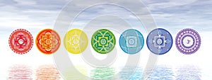 Seven chakra symbols line - 3D render