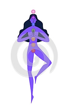 Seven chakras. Free Woman meditates in space. The woman is weightless, hands are joined. Color vector illustration of a