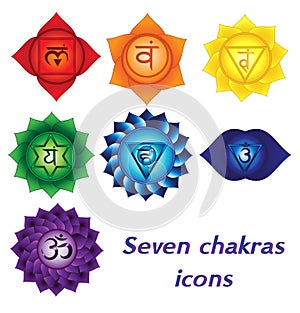 Seven chakras icons, colorful spiritual tattoos. Kundalini yoga symbols