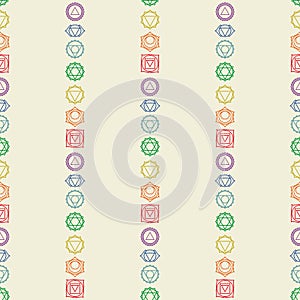 Seven chakras icons seamless pattern.Yoga,meditation,reiki