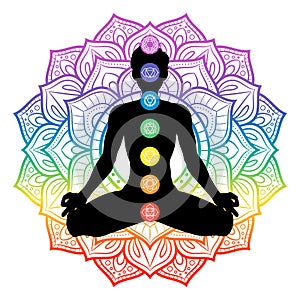 Seven chakras on meditating yogi man silhouette, vector illustration photo