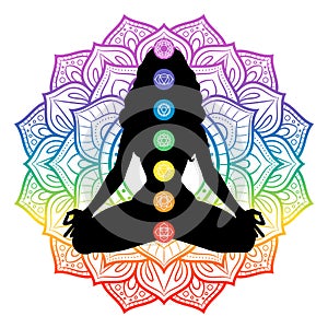 Seven chakras on meditating yogi woman silhouette, vector illustration