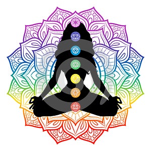 Seven chakras on meditating yogi woman silhouette, vector illustration photo