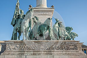 Seven chieftains of the Magyars Sculptures Elod, Ond, Kond at Millennium Monument at Heroes Square - Budapest, Hungary