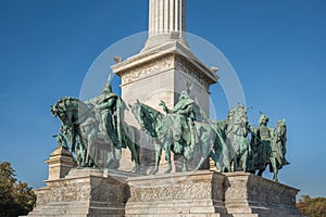 Seven chieftains of the Magyars Sculptures at Millennium Monument at Heroes Square - Budapest, Hungary