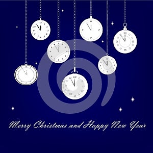 Seven clocks with five minutes to midnight time and greeting text on dark blue background, square vector