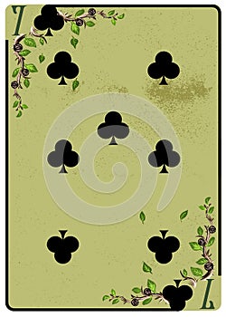 Seven of clubs playing card. Unique hand drawn pocker card. One of 52 cards in french card deck, English or Anglo-American pattern photo