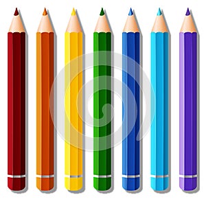 Seven color pencils on white background