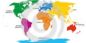 Seven continents map with national borders