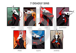 Seven deadly sins set. Christian bible character. Anger, envy, lust