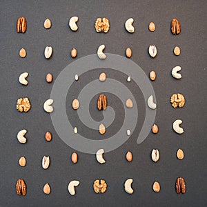 Seven different nuts on a black background pattern