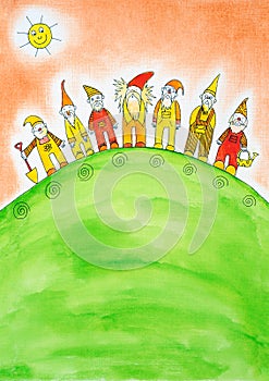 Seven dwarfs, child's drawing, watercolor painting
