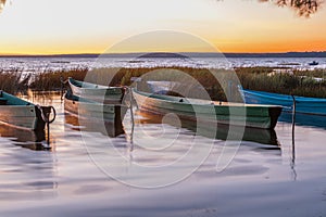 Seven fishing boats at sunset