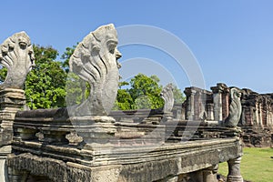 Seven Headed Naga Sculptures at the Entrance of Phimai Historical Park in Nakhon Ratchasima, Thailand