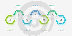 Seven hexagons arranged in a row. Infographic elements. Timeline business development process