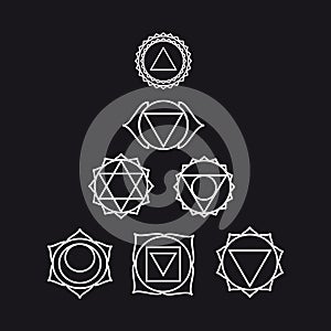 Seven human chakras, illustration, black and white color