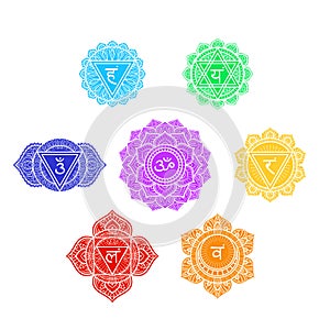 Seven human chakras symbols set, colorful icons
