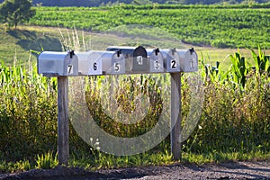 Seven mail boxes on a country road