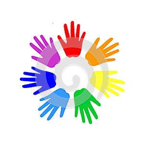 Seven multi-colored hands. Rainbow vector