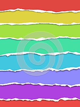 Seven oblong torn paper wisps of different colors placed one under another with soft shadow. Vector paper mock up