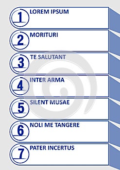 Seven option template in restrained design, blue number, white text area, gray background. Template for seven step